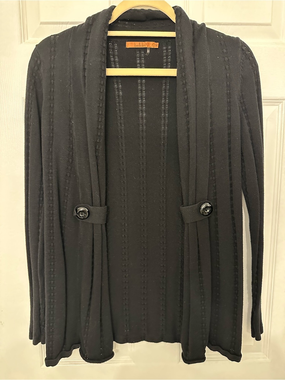 Belldini Black Pointelle Knit Open Front Cardigan Sweater Womens Medium
